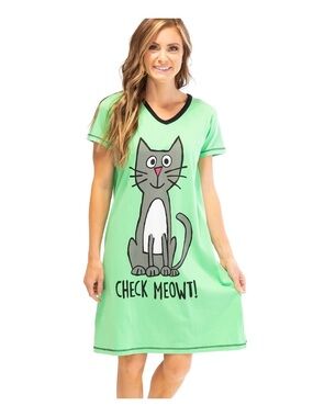 Lazy One Green Cat Nightshirt with Playful Graphic